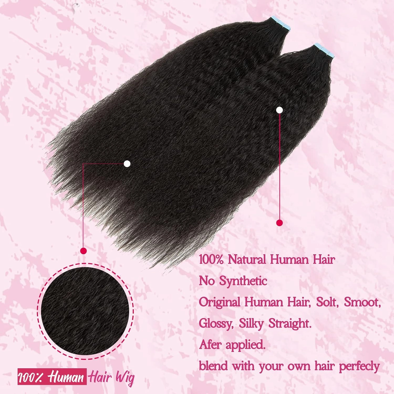 24Inch Kinky Straight Tape in Hair Extensions Human Hair Natural Black Tape in Extensions 40 Pieces 100G Double Sided Kinky Straight Tape Hair Invisible Kinky Tape ins Hair Extensions for Black Women