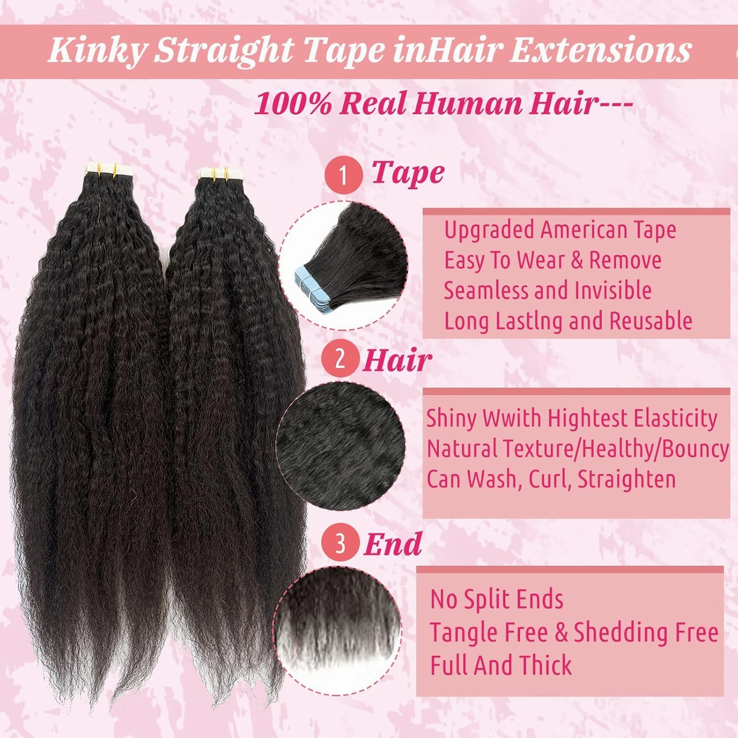 24Inch Kinky Straight Tape in Hair Extensions Human Hair Natural Black Tape in Extensions 40 Pieces 100G Double Sided Kinky Straight Tape Hair Invisible Kinky Tape ins Hair Extensions for Black Women