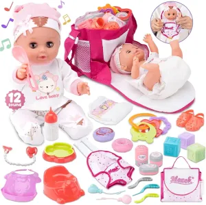 25 pcs Toddler Baby Doll Accessories Set，Realistic Pretend Play Doll Toy Set with Baby Care Bag, Back Sling, and Nipple, Birthday Gifts for Kids Ages 3 4 5 6 7 8 Year Old Girls