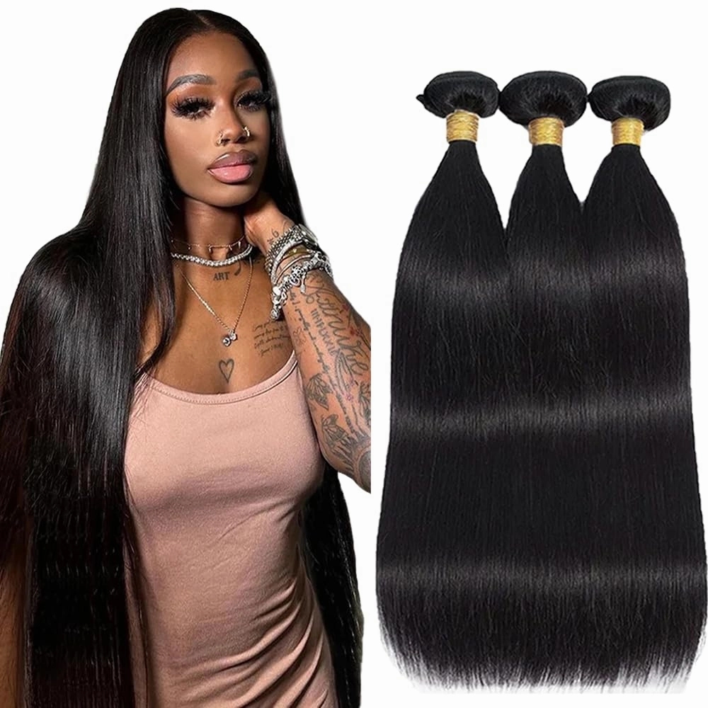 26 28 30 Inch Color #1b Straight Bundles Human Hair Unprocessed Brazilian Virgin Hair Double Weft Hair Extensions Straight Human Hair Bundles