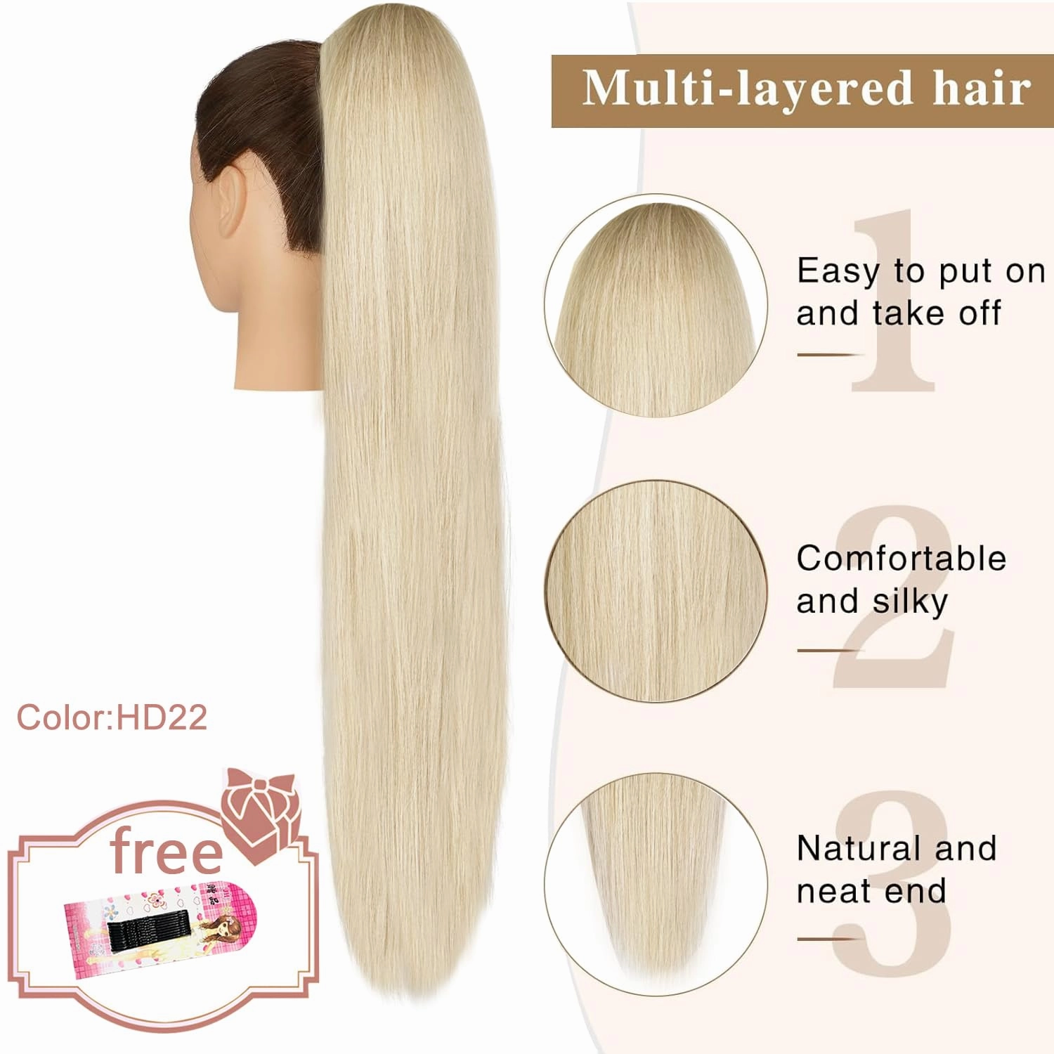 26 Inch Long Straight Drawstring Ponytail Extensions Long Straight Fake Pony Tail Natural Soft Clip in Hair Extension Synthetic Heat Resistant Hairpiece for Women (HD22)