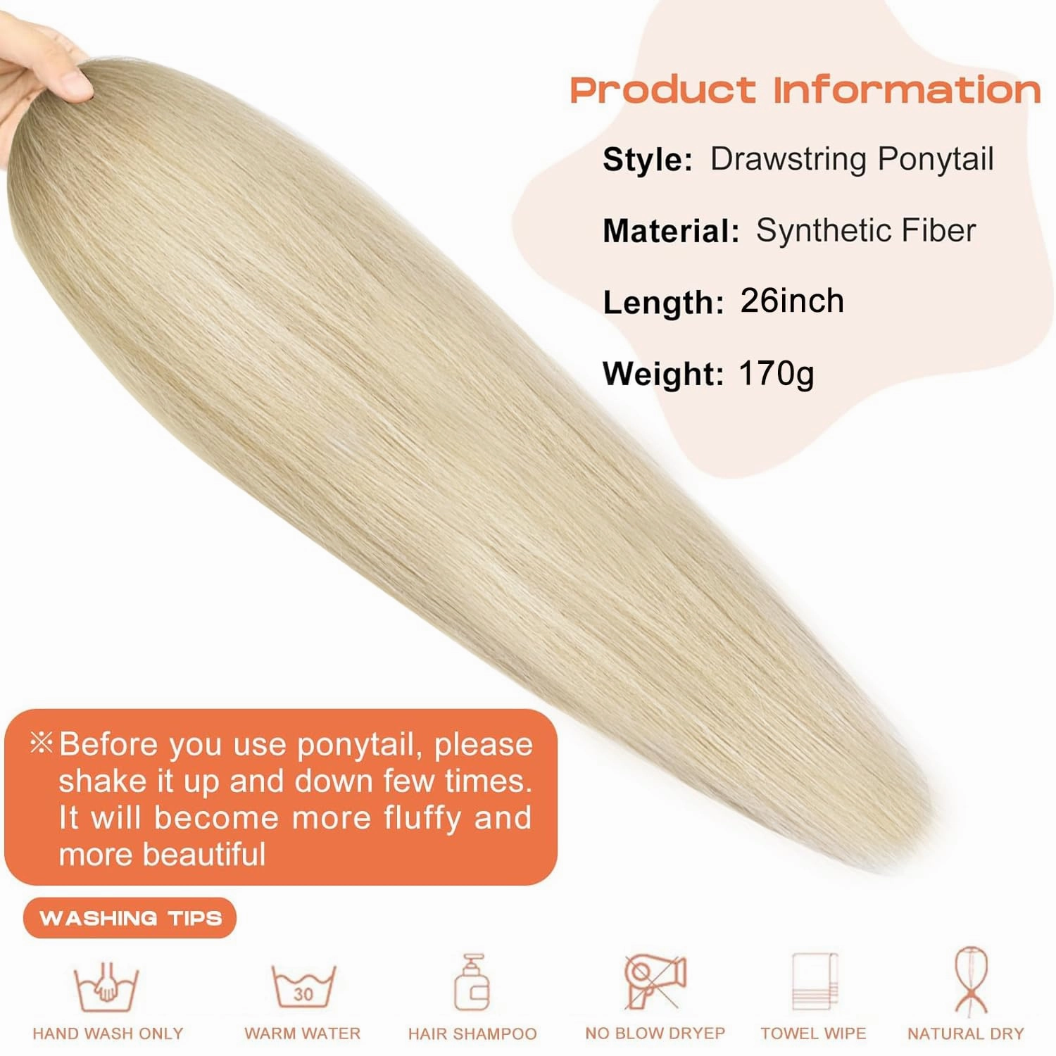 26 Inch Long Straight Drawstring Ponytail Extensions Long Straight Fake Pony Tail Natural Soft Clip in Hair Extension Synthetic Heat Resistant Hairpiece for Women (HD22)