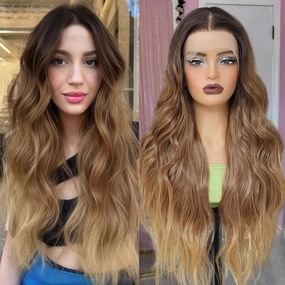 26 Inch Long Wavy Ombre Honey Blonde Wig for women 13x4x1 T Part Curly Wavy HD Lace Front Wigs Synthetic Wig with Natural Look Glueless Wigs for Parties and Costumes