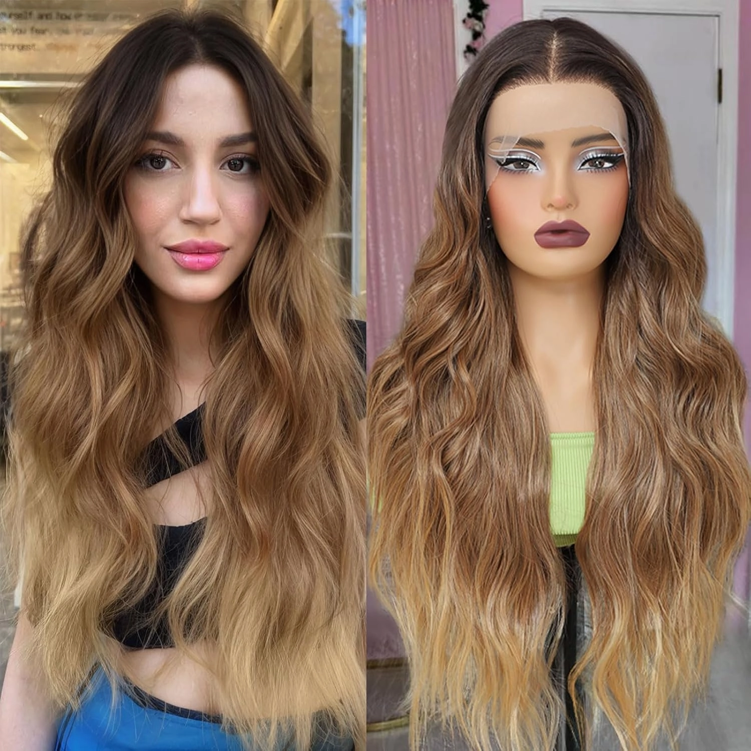 26 Inch Long Wavy Ombre Honey Blonde Wig for women 13x4x1 T Part Curly Wavy HD Lace Front Wigs Synthetic Wig with Natural Look Glueless Wigs for Parties and Costumes