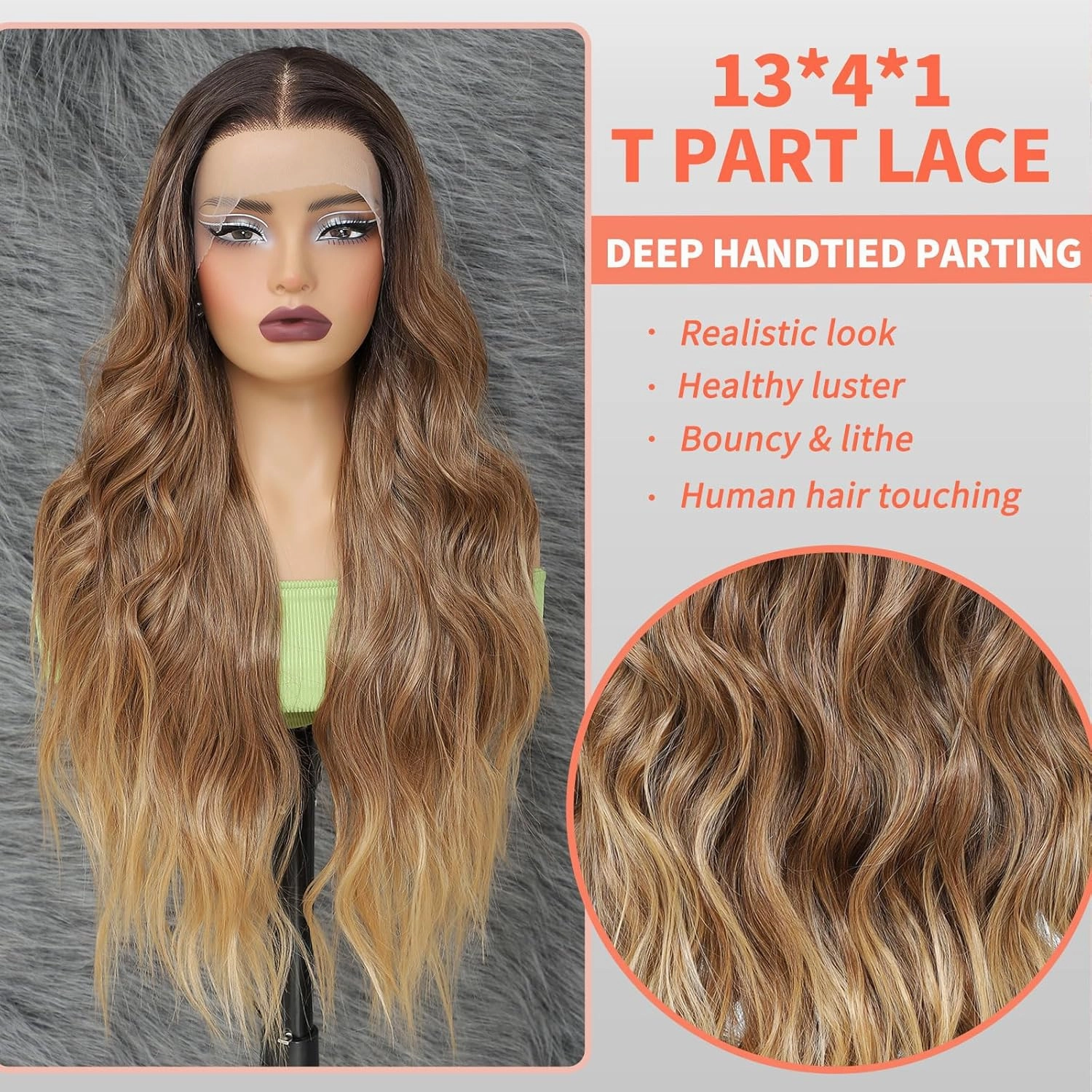 26 Inch Long Wavy Ombre Honey Blonde Wig for women 13x4x1 T Part Curly Wavy HD Lace Front Wigs Synthetic Wig with Natural Look Glueless Wigs for Parties and Costumes