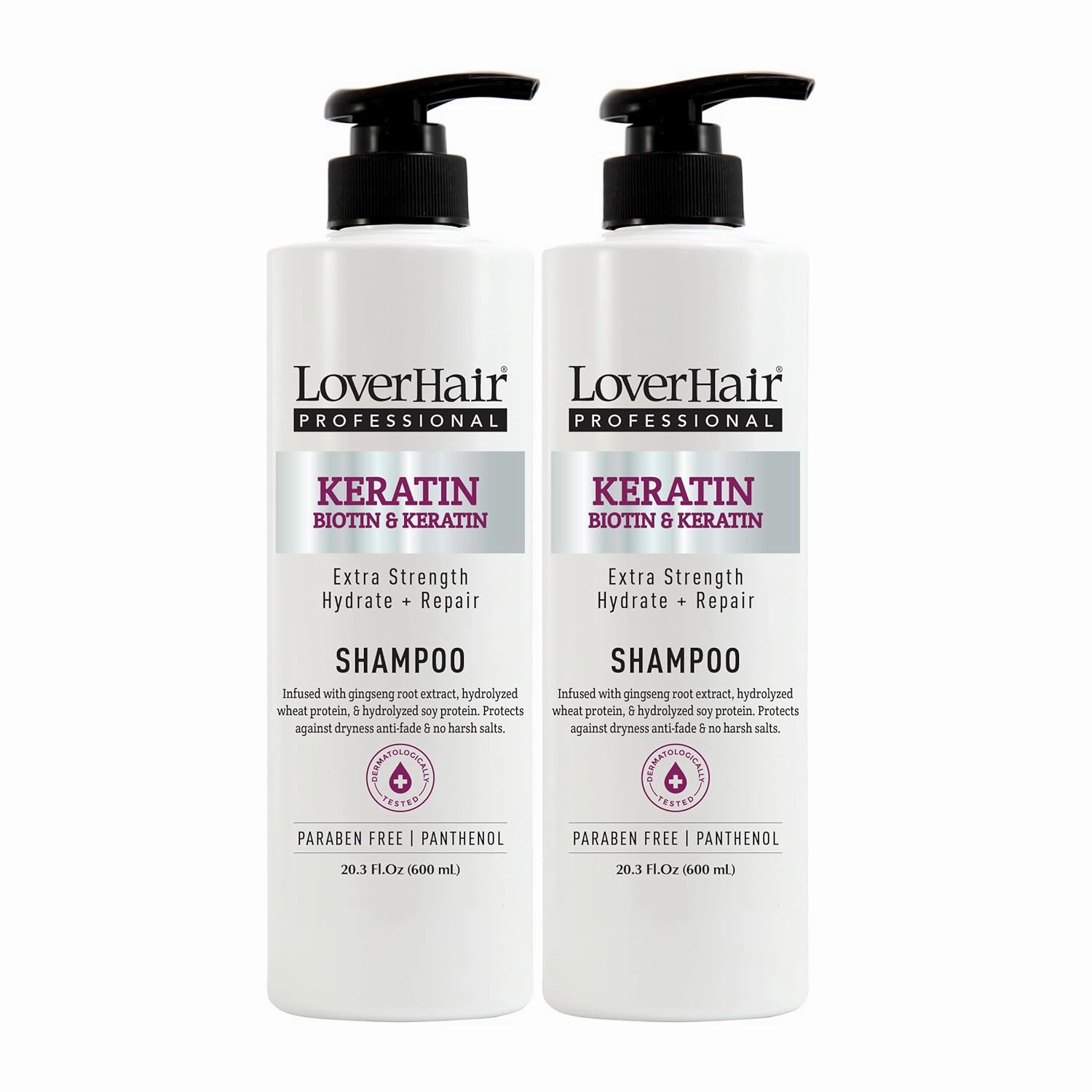 2-PACK LoverHair Professional Keratin Biotin Extra Strength Hydrate & Repair Shampoo 2 x 20.3 fl oz (2 x 600ml)