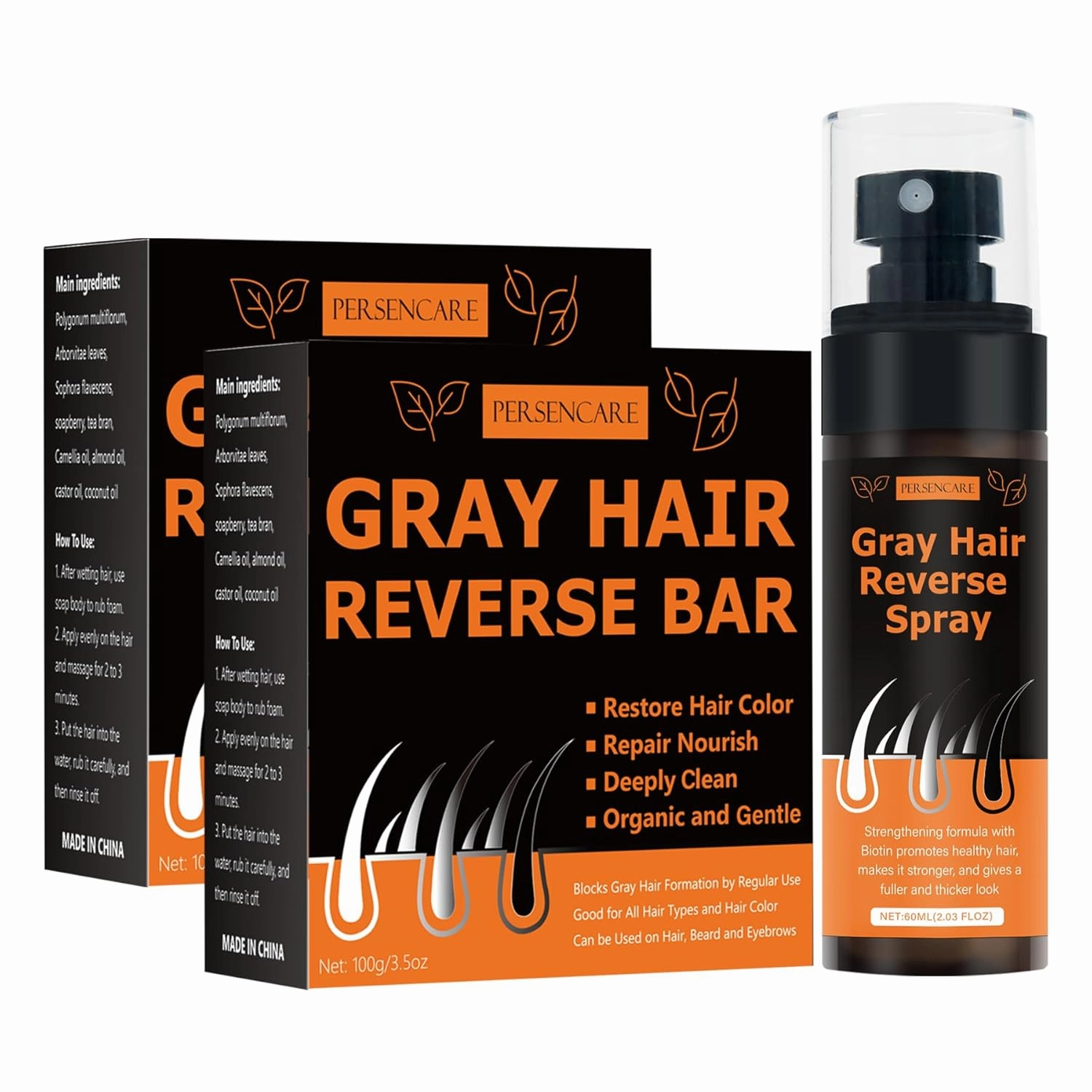 2 Pcs Herbal Gray Hair Reverse Bar   Spray, He Shou Wu Shampoo Black Soap and Conditioner Serum, Natural Polygonum Multiflorum Cover Men & women Grey Hair Thickening Darkening, Fo Ti Hair Growth Mist