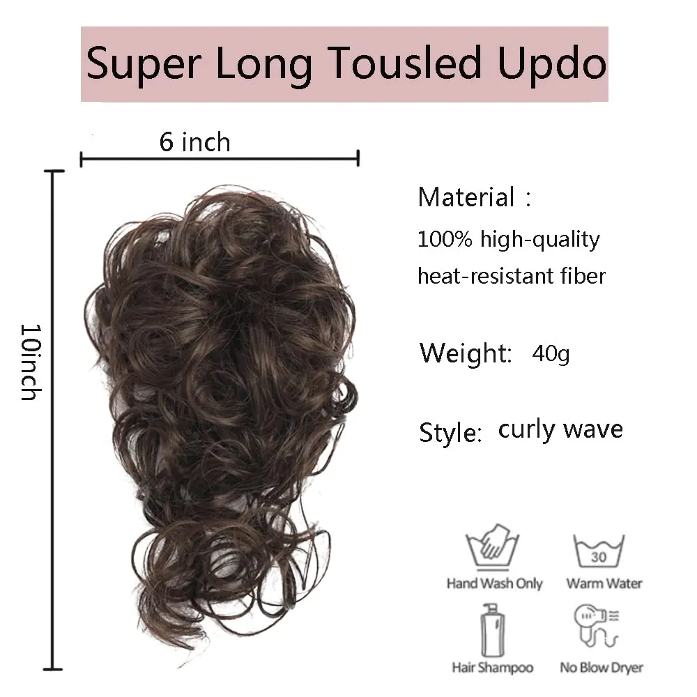 2PCS Messy Bun Hair Piece, Super Long Tousled Updo Hair Bun Extensions Wavy Hair Wrap Ponytail Hairpieces Hair Scrunchies with Elastic Hair Band for Women Girls（Chocolate brown）