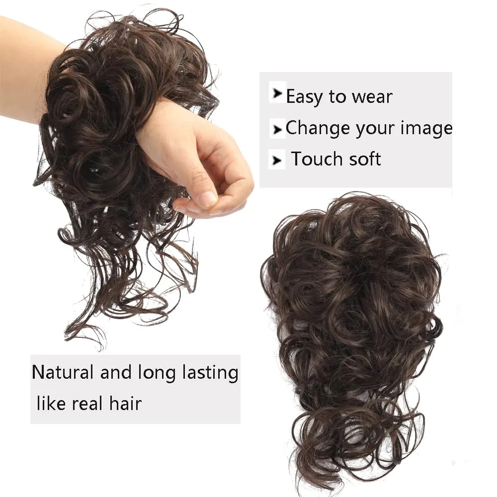 2PCS Messy Bun Hair Piece, Super Long Tousled Updo Hair Bun Extensions Wavy Hair Wrap Ponytail Hairpieces Hair Scrunchies with Elastic Hair Band for Women Girls（Chocolate brown）
