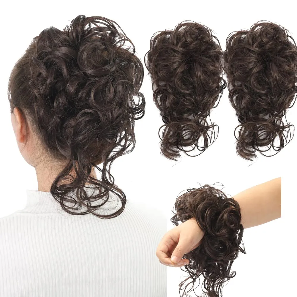 2PCS Messy Bun Hair Piece, Super Long Tousled Updo Hair Bun Extensions Wavy Hair Wrap Ponytail Hairpieces Scrunchies with Elastic Hair Band for Women Girls（Dark brown）