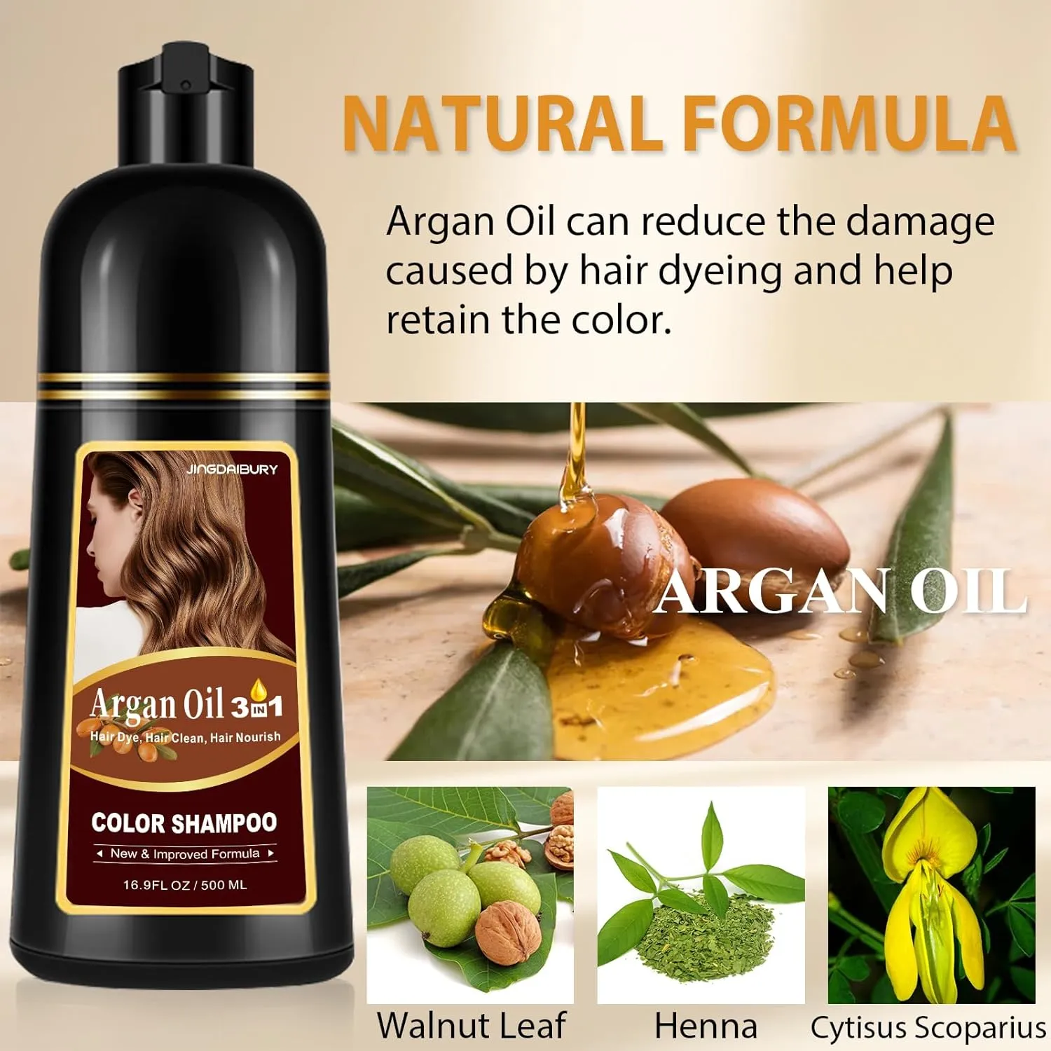3-in-1 Hair Dye Shampoo Light Brown, Argan Oil Hair Color Shampoo for Gray Hair, Brown Instant Dye Shampoo for Women & Men, Natural Plant Hair Dye Kit Colors Hair in Minutes, Long-Lasting, Easy to Use