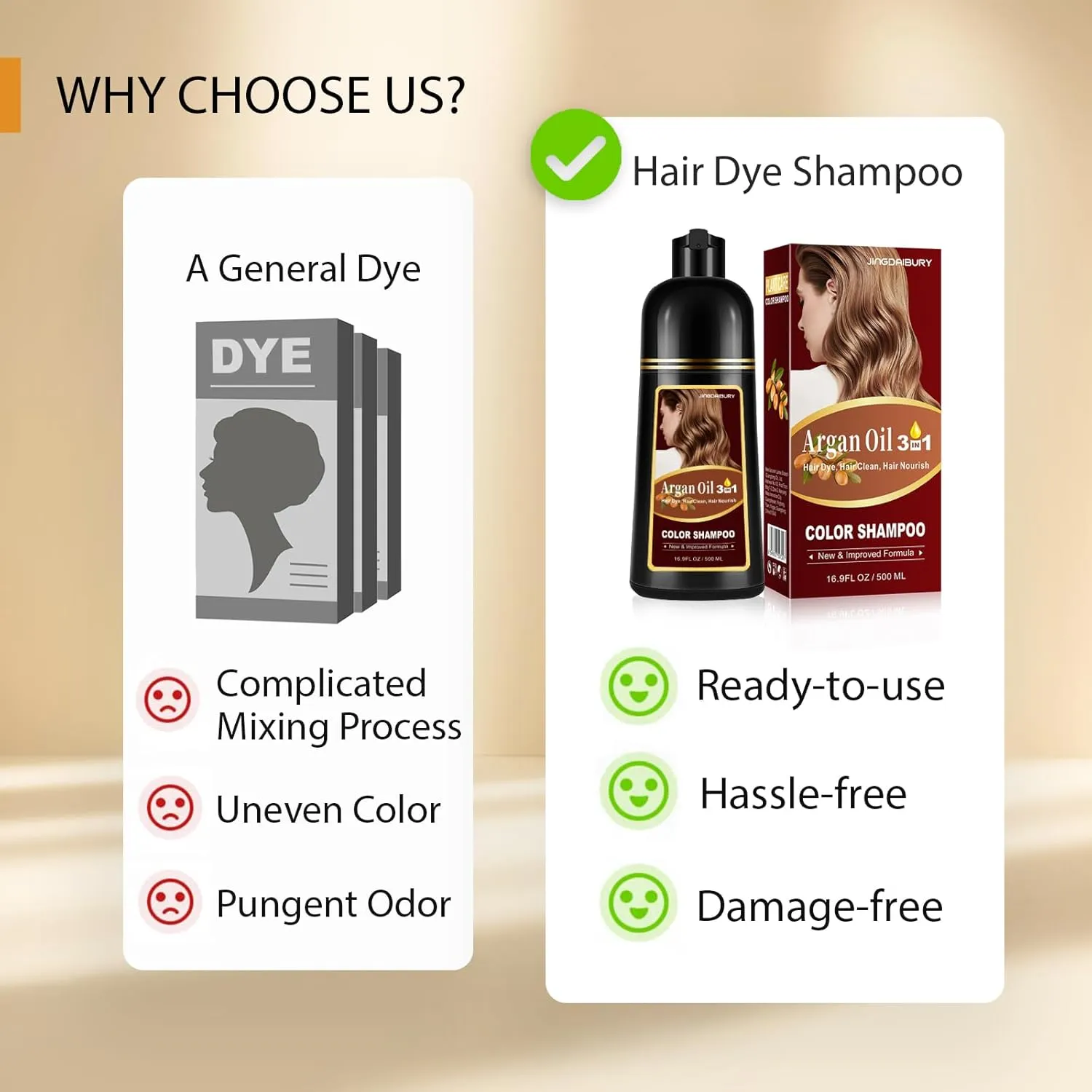 3-in-1 Hair Dye Shampoo Light Brown, Argan Oil Hair Color Shampoo for Gray Hair, Brown Instant Dye Shampoo for Women & Men, Natural Plant Hair Dye Kit Colors Hair in Minutes, Long-Lasting, Easy to Use