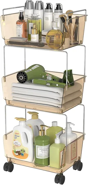 3-Tier Rolling Utility Cart,Plastic Storage Cart with Wheels,Movable Storage Cart Organizer for Living Room,Kitchen,Bathroom,Pantry,Nursery,Amber