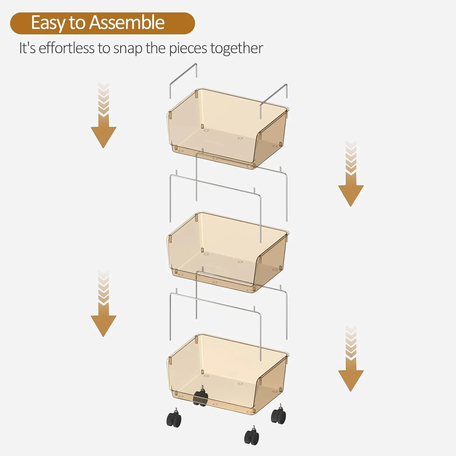 3-Tier Rolling Utility Cart,Plastic Storage Cart with Wheels,Movable Storage Cart Organizer for Living Room,Kitchen,Bathroom,Pantry,Nursery,Amber