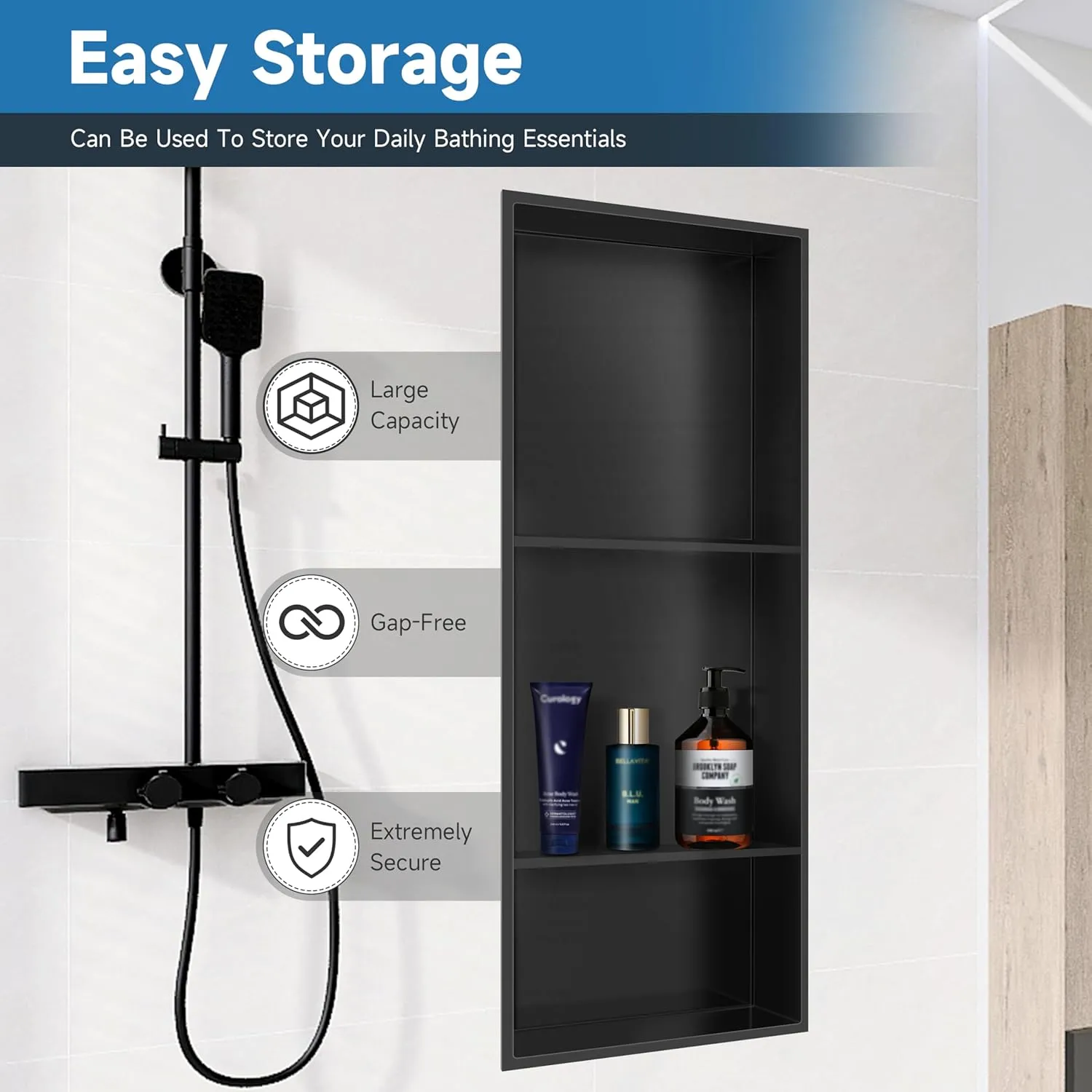 30" X 12" Stainless Steel Shower Niche Insert Tile Ready, Niche for Shower Wall, 3-Tier Recessed Shelf No Tile Needed for Bathroom Storage, Matte Black