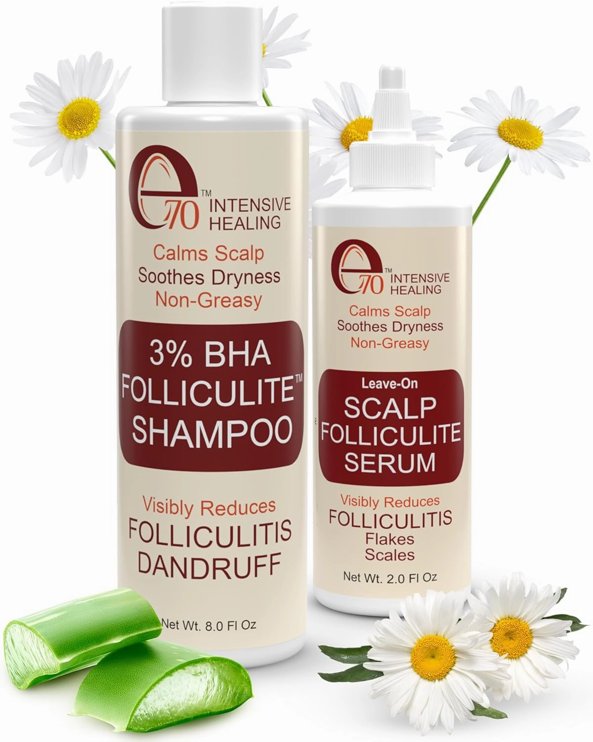 3% BHA Folliculitis Shampoo & Leave-On Hair Serum Set - Made with Salicylic Acid, Aloe Vera & Tea Tree Oil - Moisturizing Shampoo & Hair Oil for Dry Itchy Scalp and Head Acne by e70