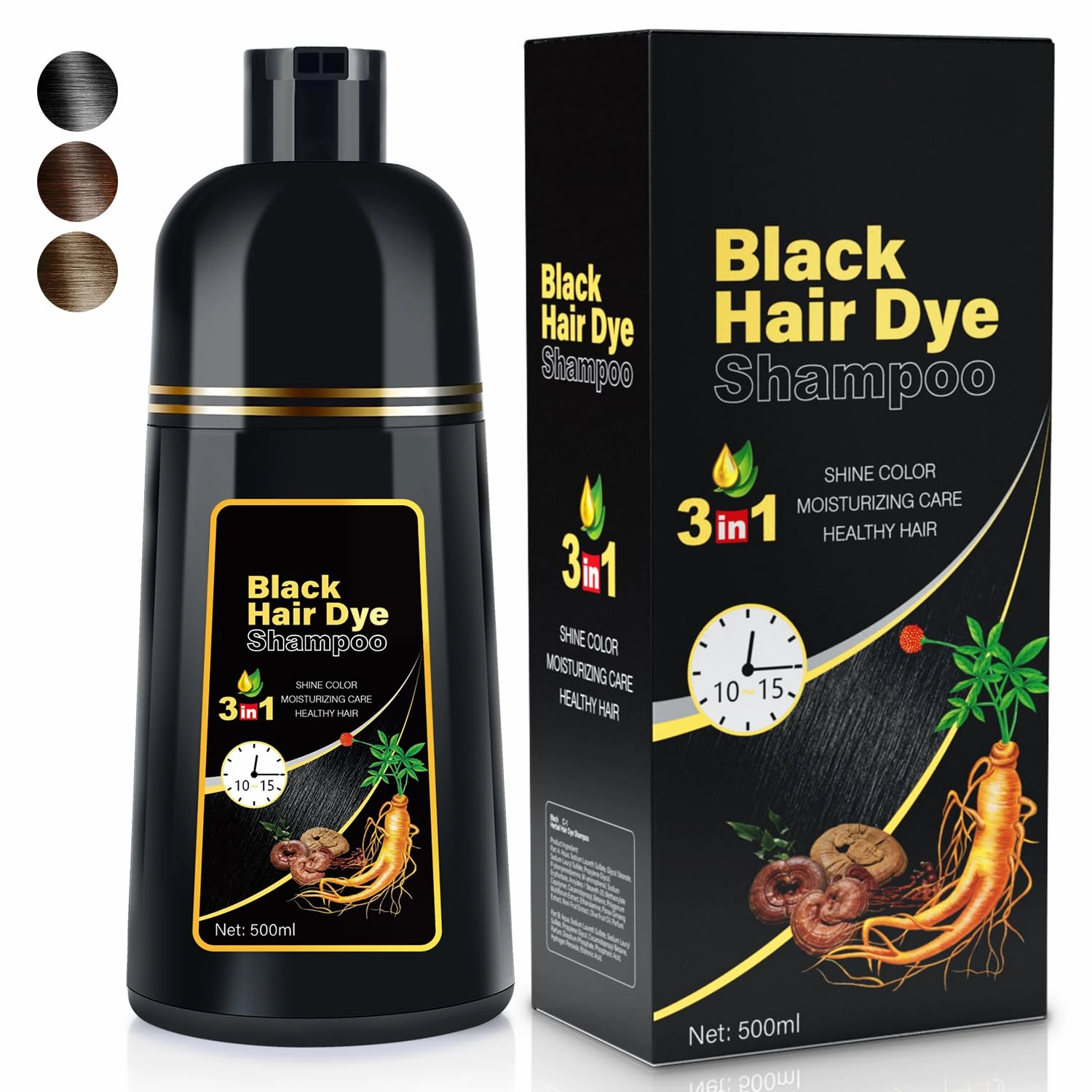 3 IN 1 Hair Color Shampoo Dye For Women & Men Natural Herbal Plant Semi Permanent Grey Hair Cover Treated, 16.9 Fl Oz, Black