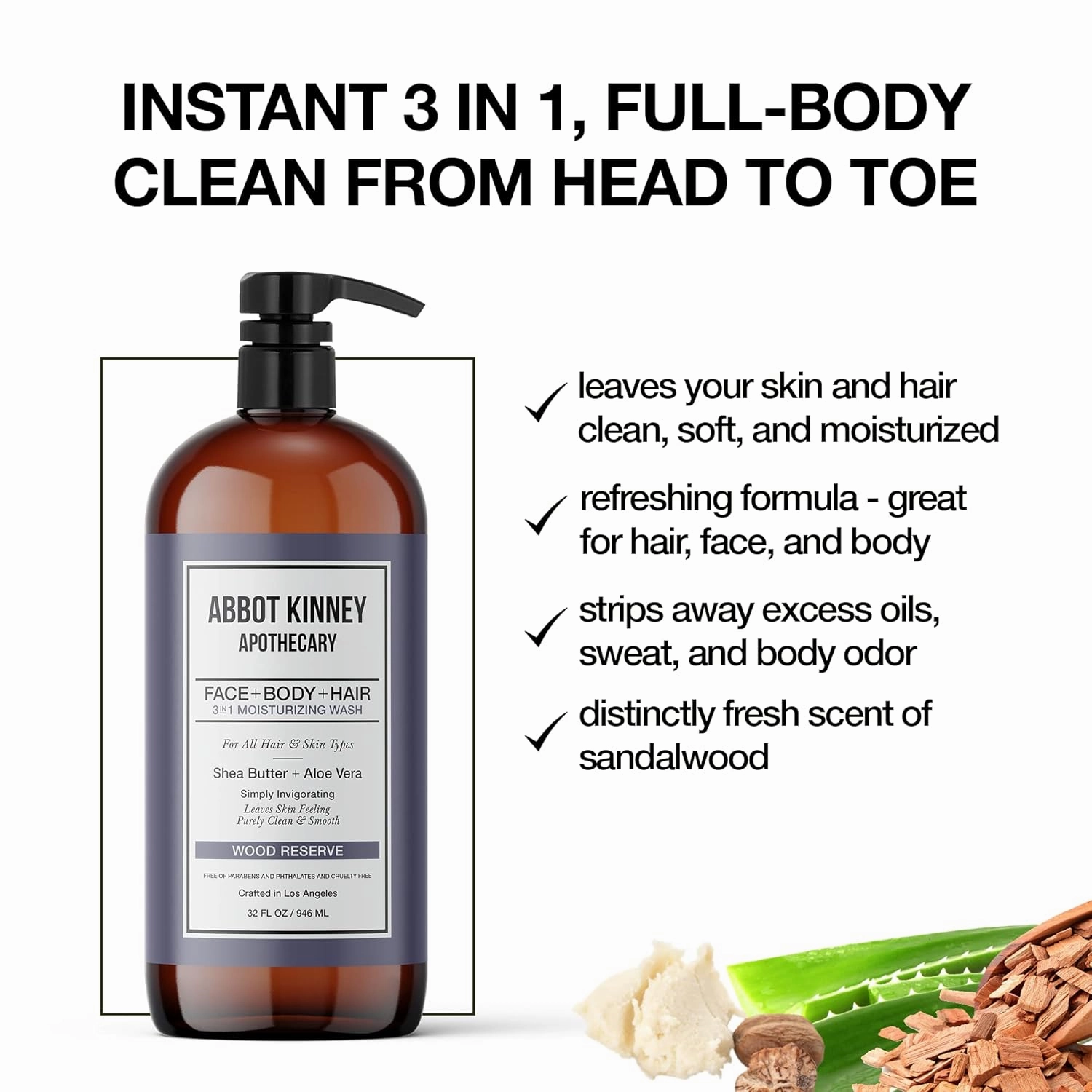 3 in 1 Moisturizing Men's Body Wash | Shampoo, Conditioner, & Body Wash for Men | Infused with Shea Butter & Aloe Vera | Paraben-Free, Wood Reserve, 32 Fl Oz