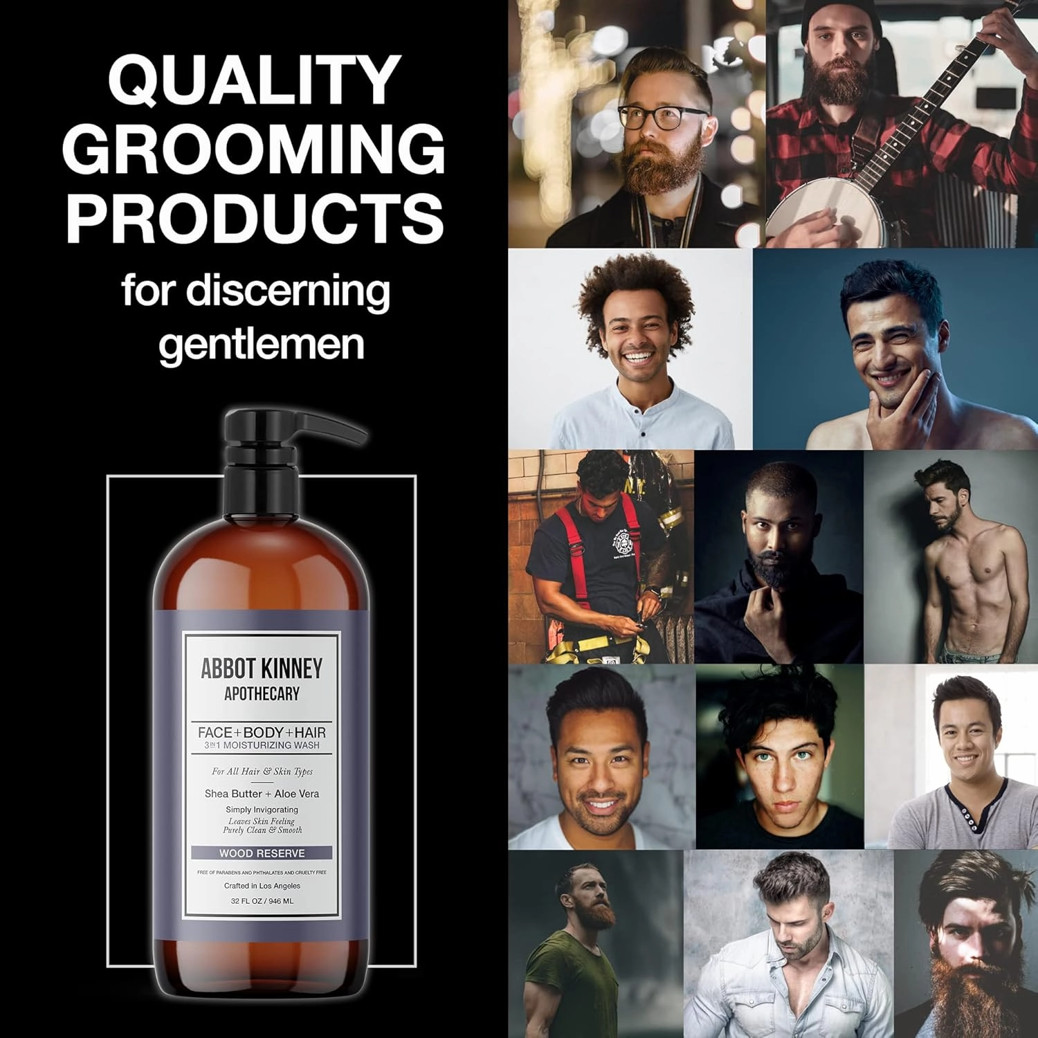 3 in 1 Moisturizing Men's Body Wash | Shampoo, Conditioner, & Body Wash for Men | Infused with Shea Butter & Aloe Vera | Paraben-Free, Wood Reserve, 32 Fl Oz