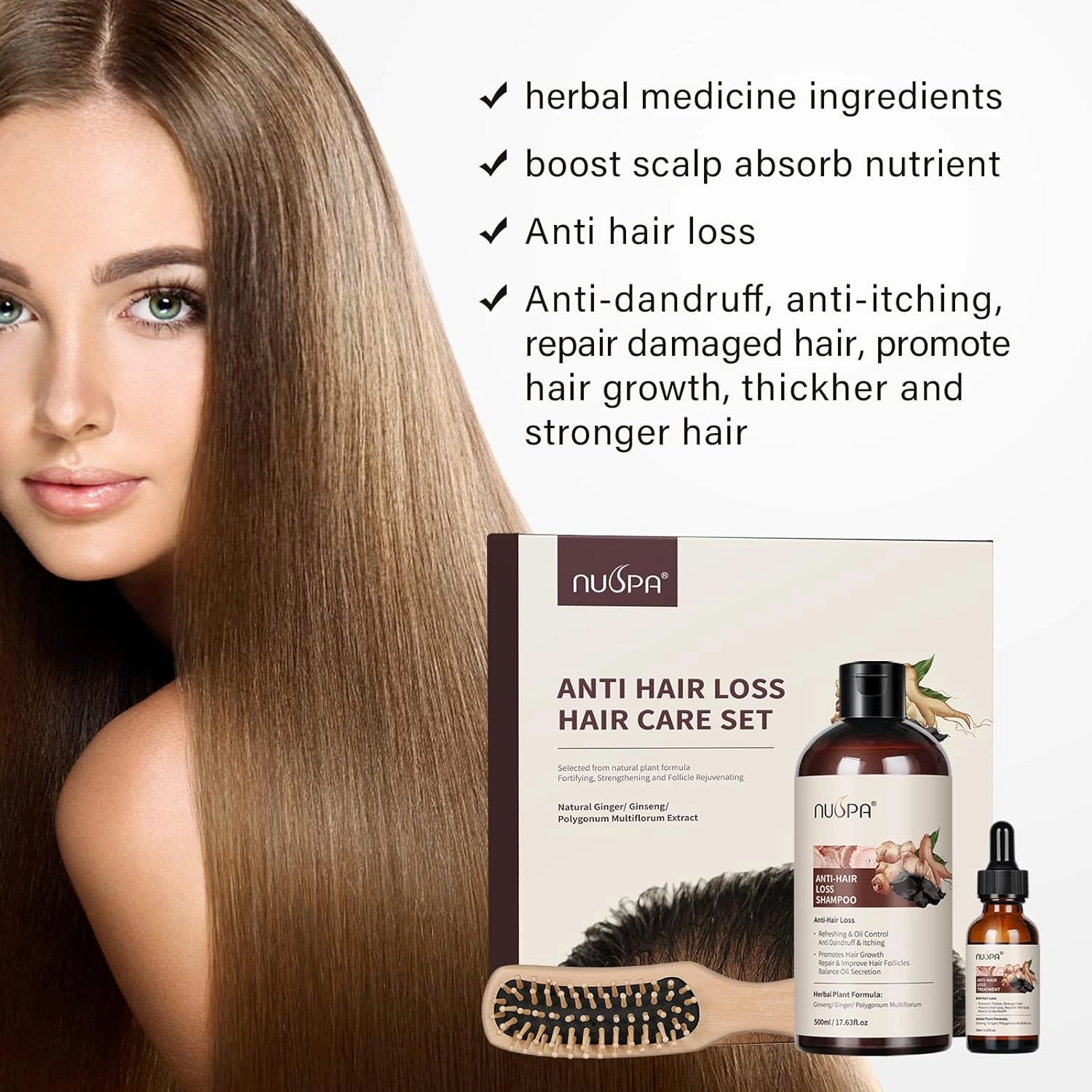 3 Pack Hair Regrowth Sets Herbal Shampoo,Wooden Massage Comb,Leave-in Daily Reduce Hair Loss Serum, Infused with Ginseng,Ginger,Polygonum Multiflorum for Anti Hair Loss