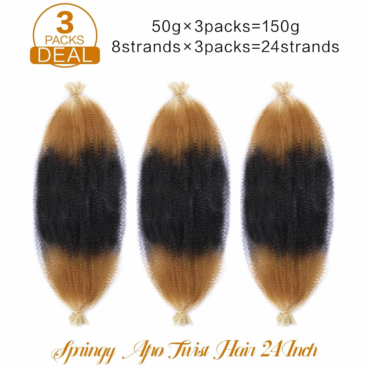 3 Packs Pre-Separated Marley Twist Braiding Hair 24 Inch Kinky Twist Hair Spring Afro Twist Hair Synthetic Hair Extensions for Black Women(24 Inch,3Pack,1B/27/613)