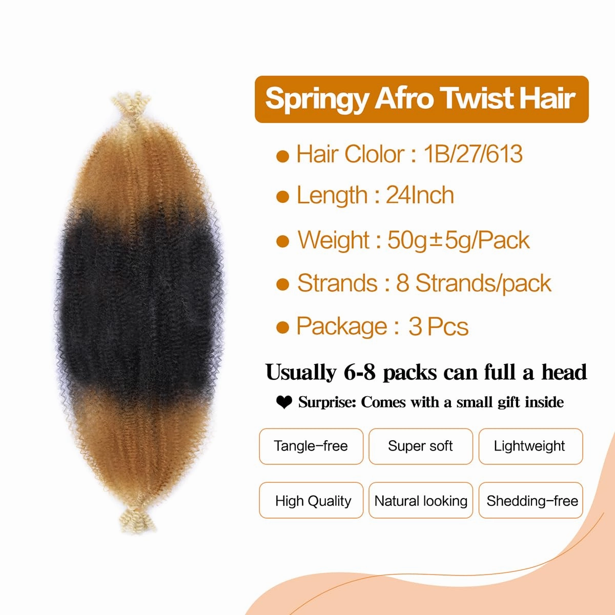 3 Packs Pre-Separated Marley Twist Braiding Hair 24 Inch Kinky Twist Hair Spring Afro Twist Hair Synthetic Hair Extensions for Black Women(24 Inch,3Pack,1B/27/613)