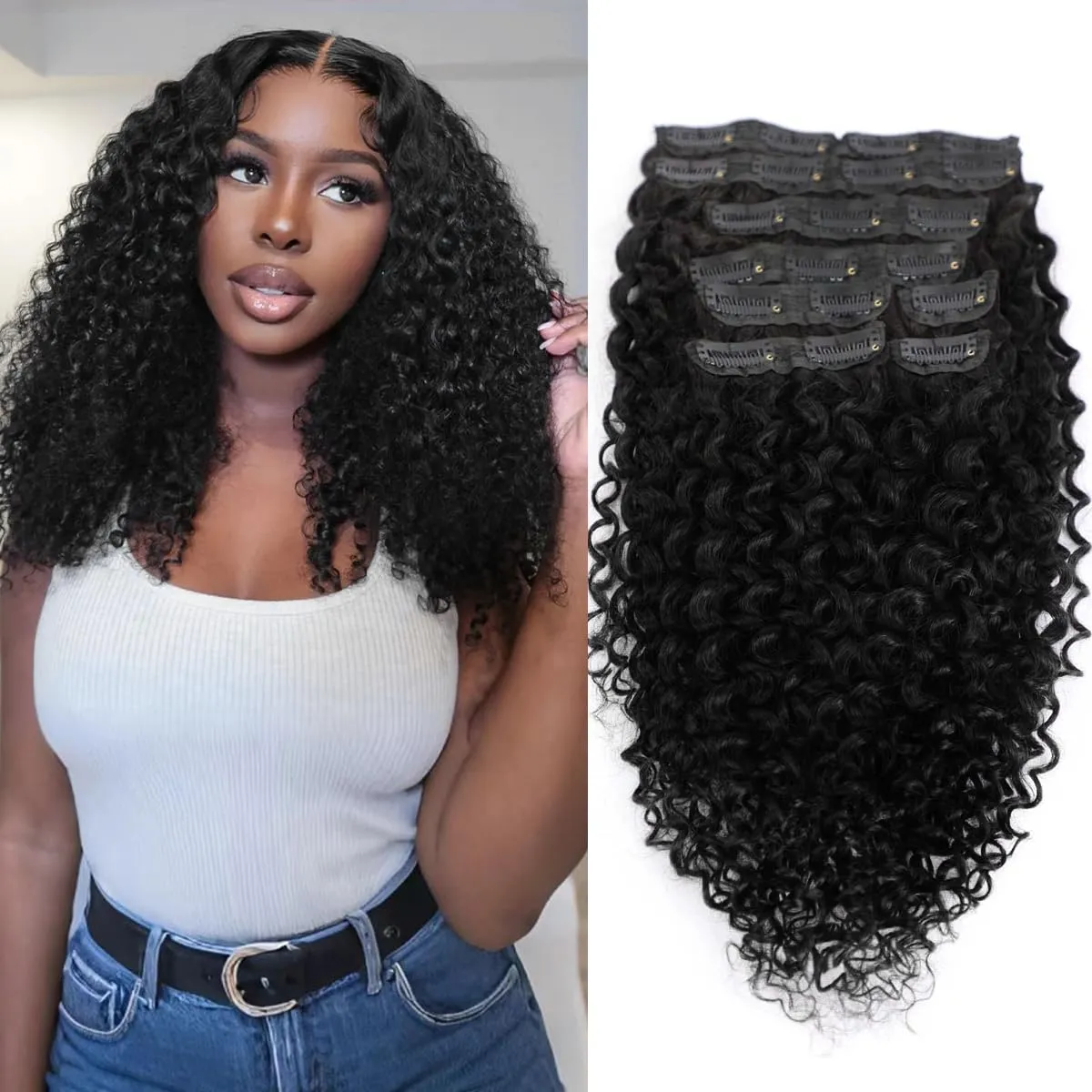3C 4A Curly Clip In Hair Extensions Real Human Hair 12 Inch 110g 8pcs Kinky Curly Clip Ins Full Head for Black Women 100% Brazilian Remy Human Hair Extensions Natural Color with 20 Clips