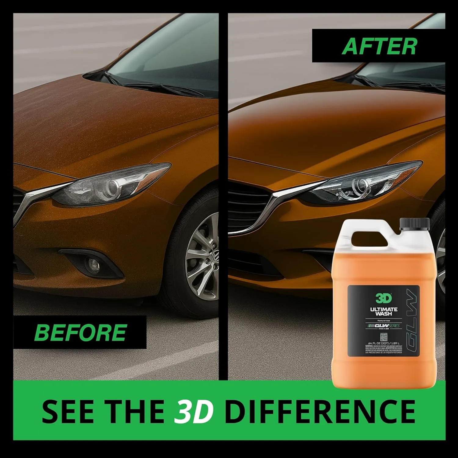 3D GLW Series Ultimate Wash – pH Neutral Car Wash Soap with Ultra Foam – Scratch-Free, High-Foaming Shampoo for Paint Protection – Safe for All Finishes - 64 oz