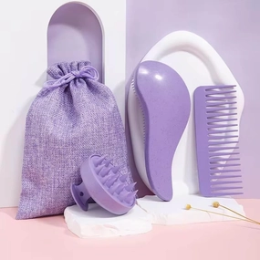 3pcs Hair Detangler, Scalp Massager Exfoliator Brush Shampoo Brush & Wide Tooth Detangling Comb Set for Dandruff Cleaning- Home, Office, Travel for All Hair Type(Purple)