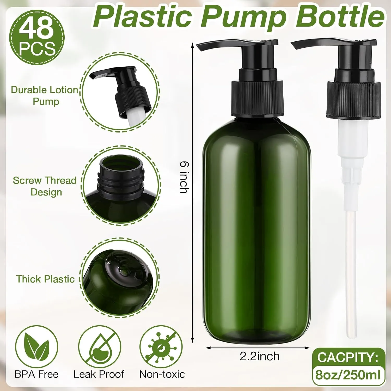 48 Pcs Pump Bottle Lotion Dispenser Refillable Shampoo Conditioner Hand Soap Dispenser Plastic Empty 8oz/250ml Clear Reusable Body Wash Container Bulk (Green, Black)