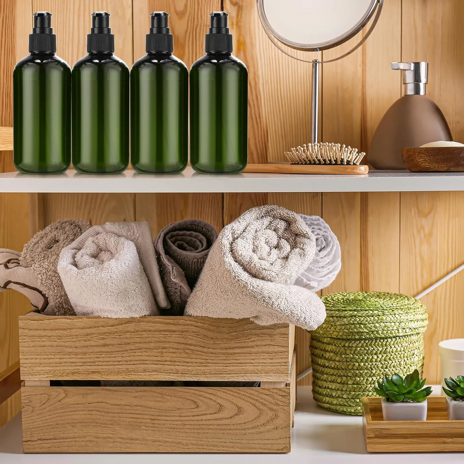 48 Pcs Pump Bottle Lotion Dispenser Refillable Shampoo Conditioner Hand Soap Dispenser Plastic Empty 8oz/250ml Clear Reusable Body Wash Container Bulk (Green, Black)