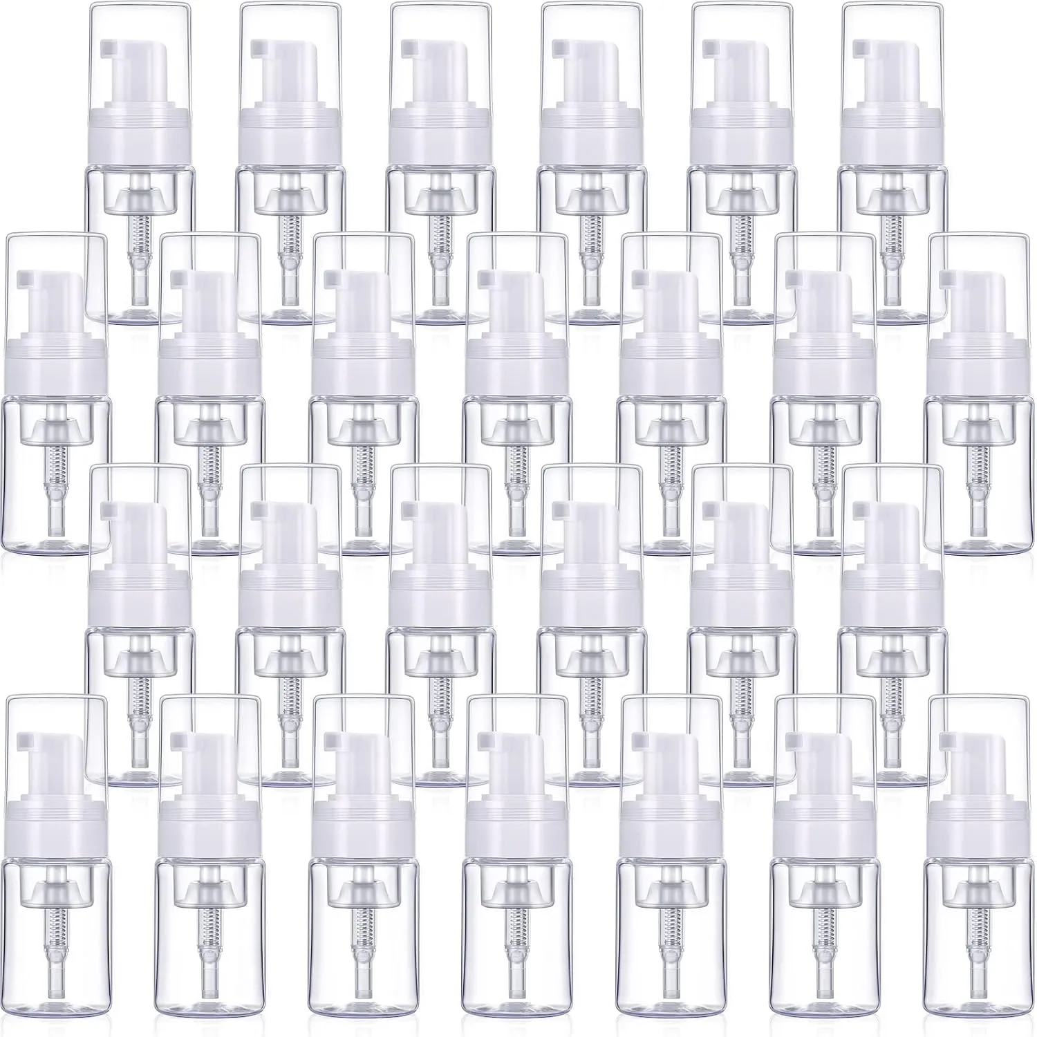 50 Pack Foam Pump 1oz/30ml Refillable Dispenser Travel Size Plastic Mini Bottle for Lash Shampoo, Cleaning, Cosmetics - Portable Clear Foaming Packaging