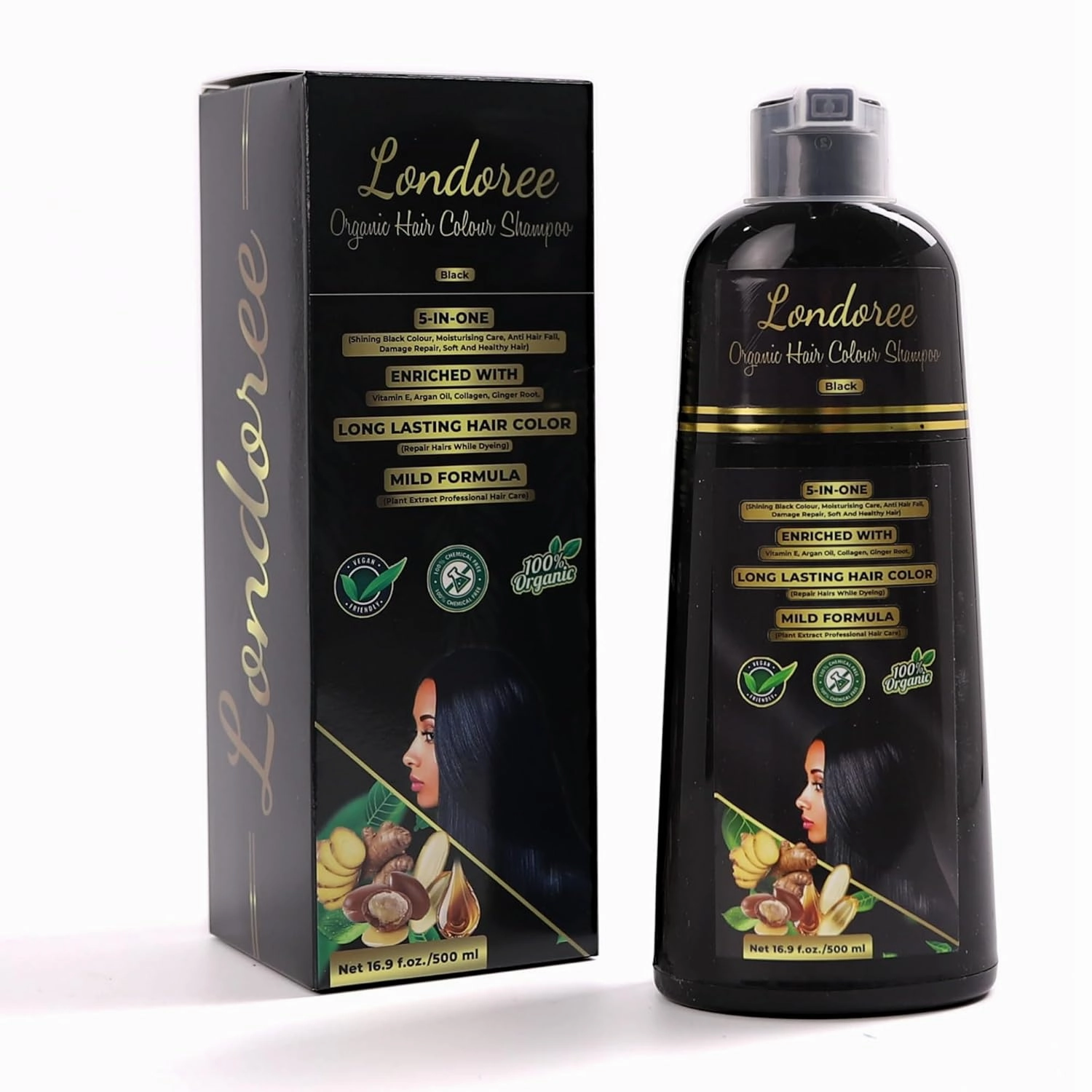 5-in-1 Hair Dye Shampoo for Gray Hair - Ammonia-Free with Vitamin E, Argan Oil & Collagen - Moisturizes, Repairs, and Colours in 15 Minutes - 500 ML (Black Hair)