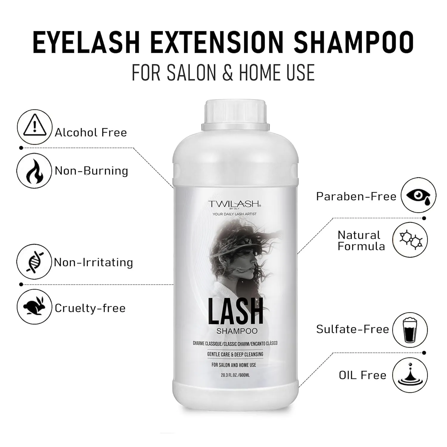 600ml Lash Shampoo Bulk, Eyelash Extensions Cleanser for Extensions, Safe Makeup Remover, Non-irritating or Burning Formula Eyelid Foaming Cleanser for Professional Salon and Home Use (Classic Charm)