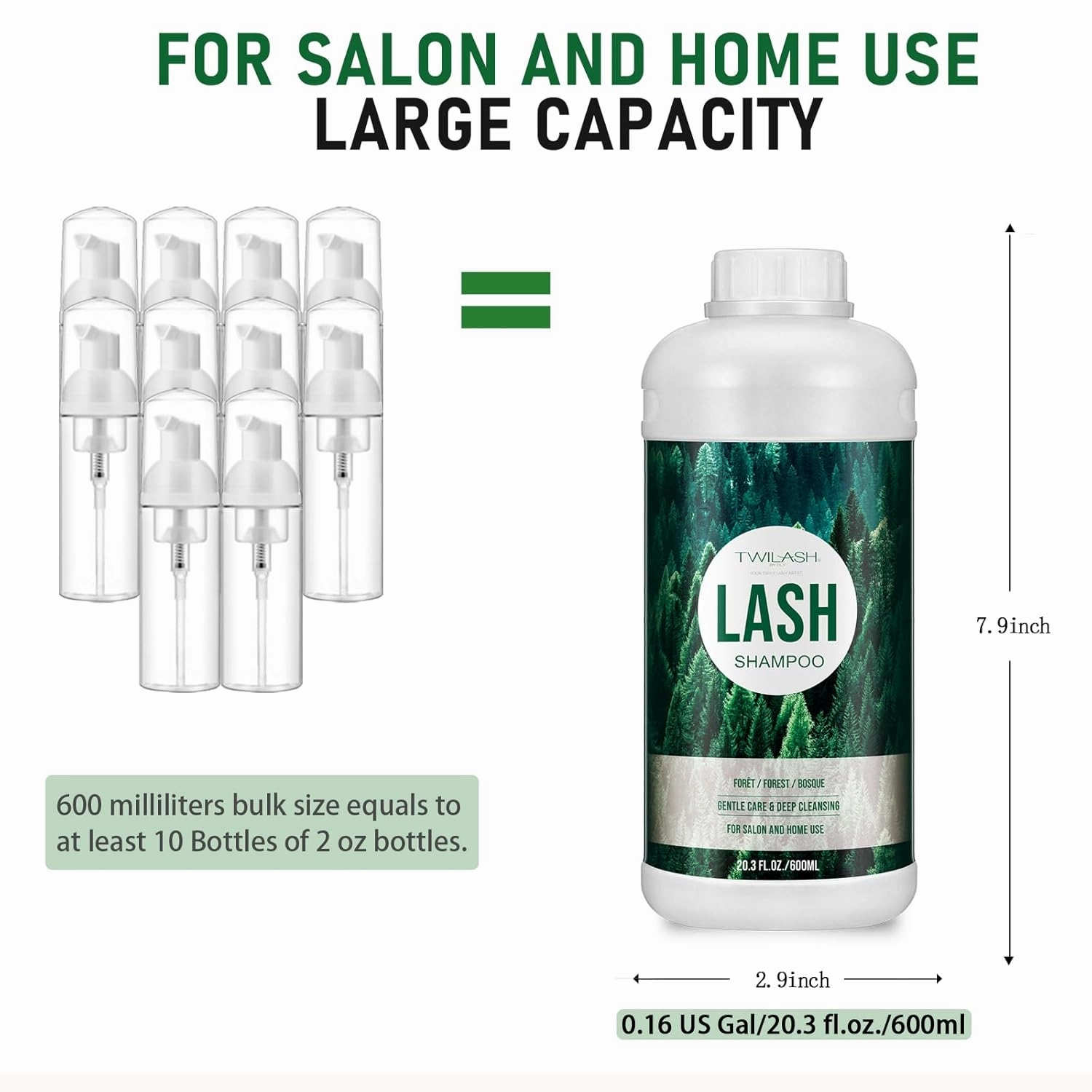 600ml Lash Shampoo Bulk, Eyelash Cleanser for Extensions, Safe Makeup Remover, Non-irritating or Burning Formula Eyelid Foaming Cleanser Best for Professional Salon and Home Use (Forest)