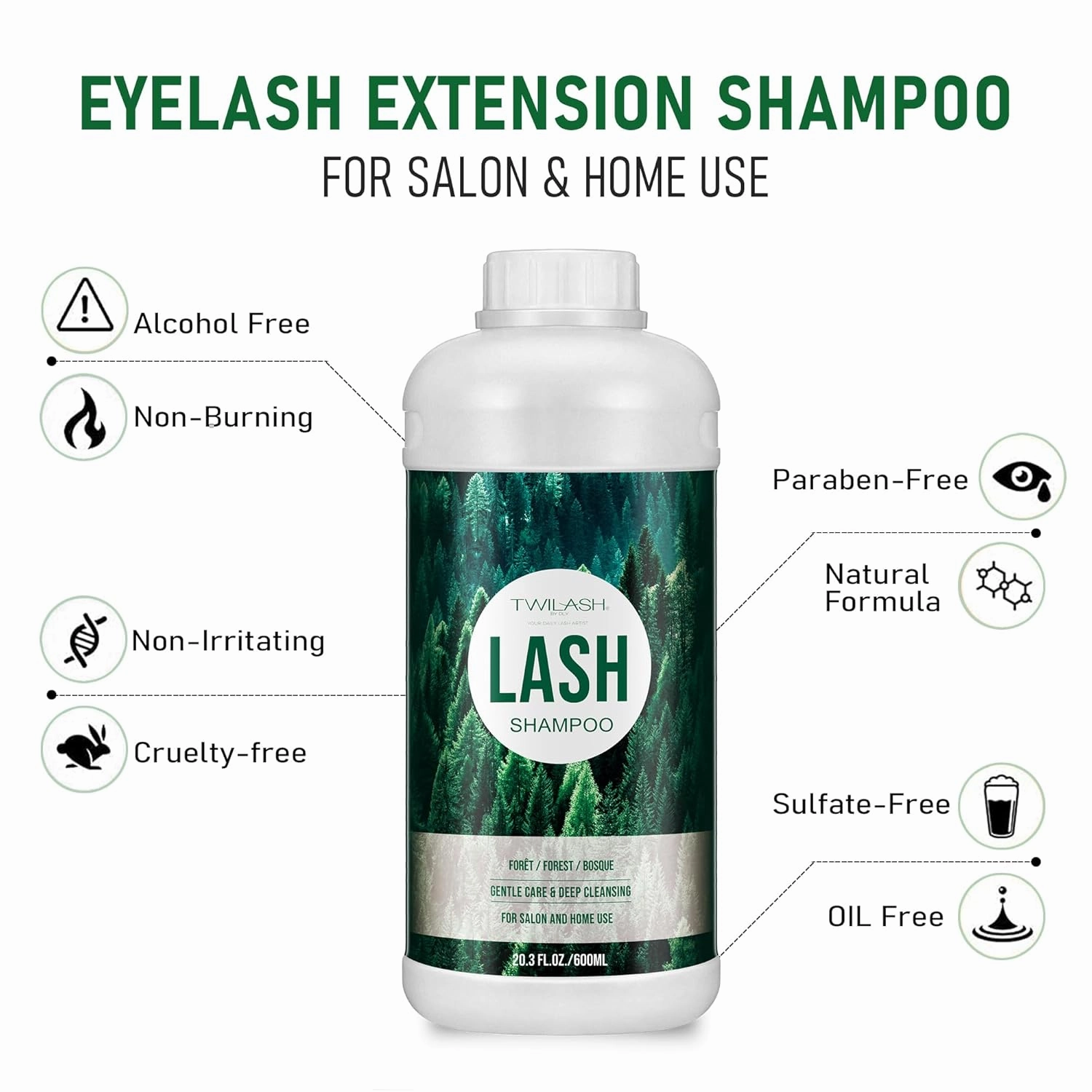 600ml Lash Shampoo Bulk, Eyelash Cleanser for Extensions, Safe Makeup Remover, Non-irritating or Burning Formula Eyelid Foaming Cleanser Best for Professional Salon and Home Use (Forest)