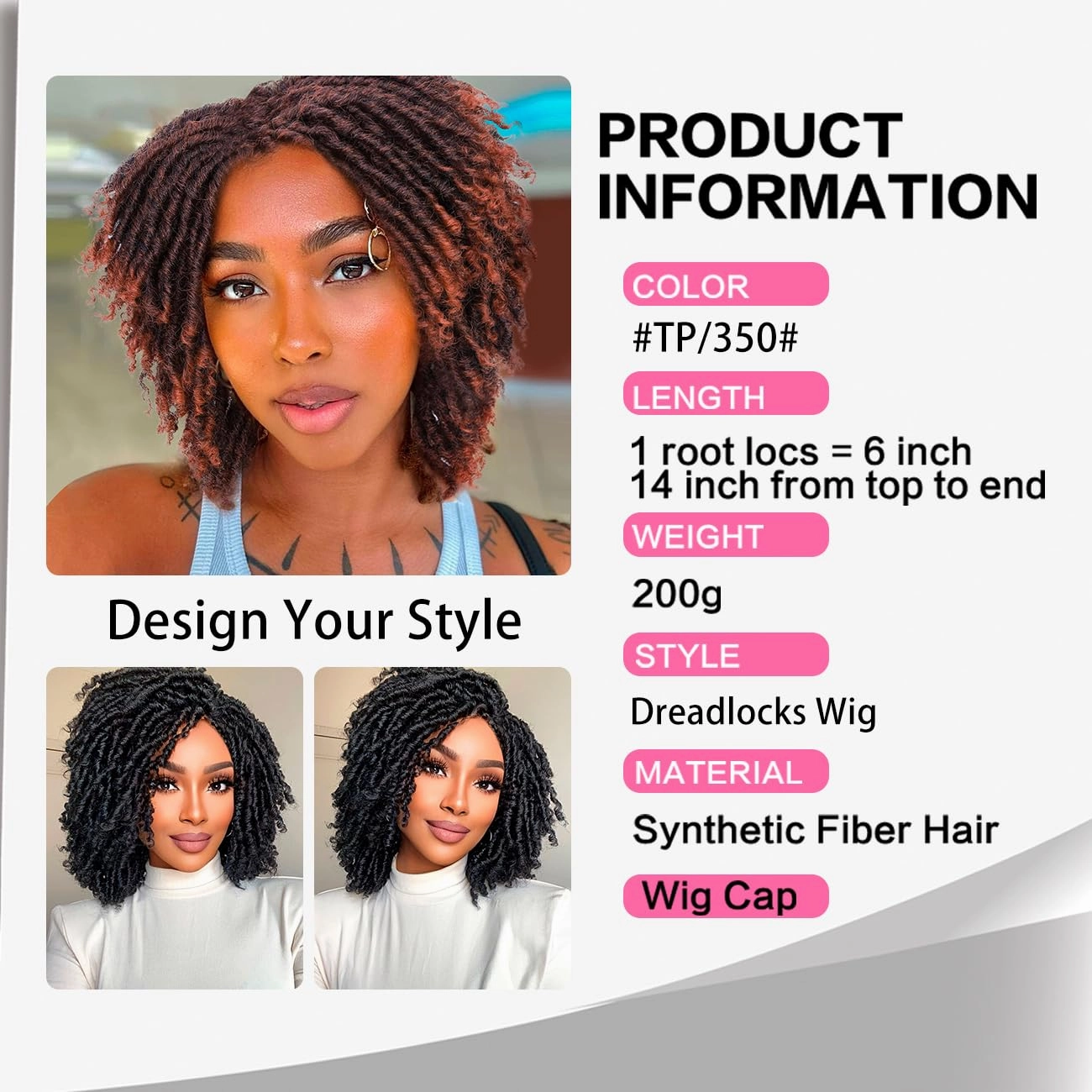 6 Inch Short Dreadlocks Braided Wigs for Black Women and Man with Clips In, Synthetic Afro Dreadlocks Twist Full Hair Replacement Wigs (TPurple/350#)