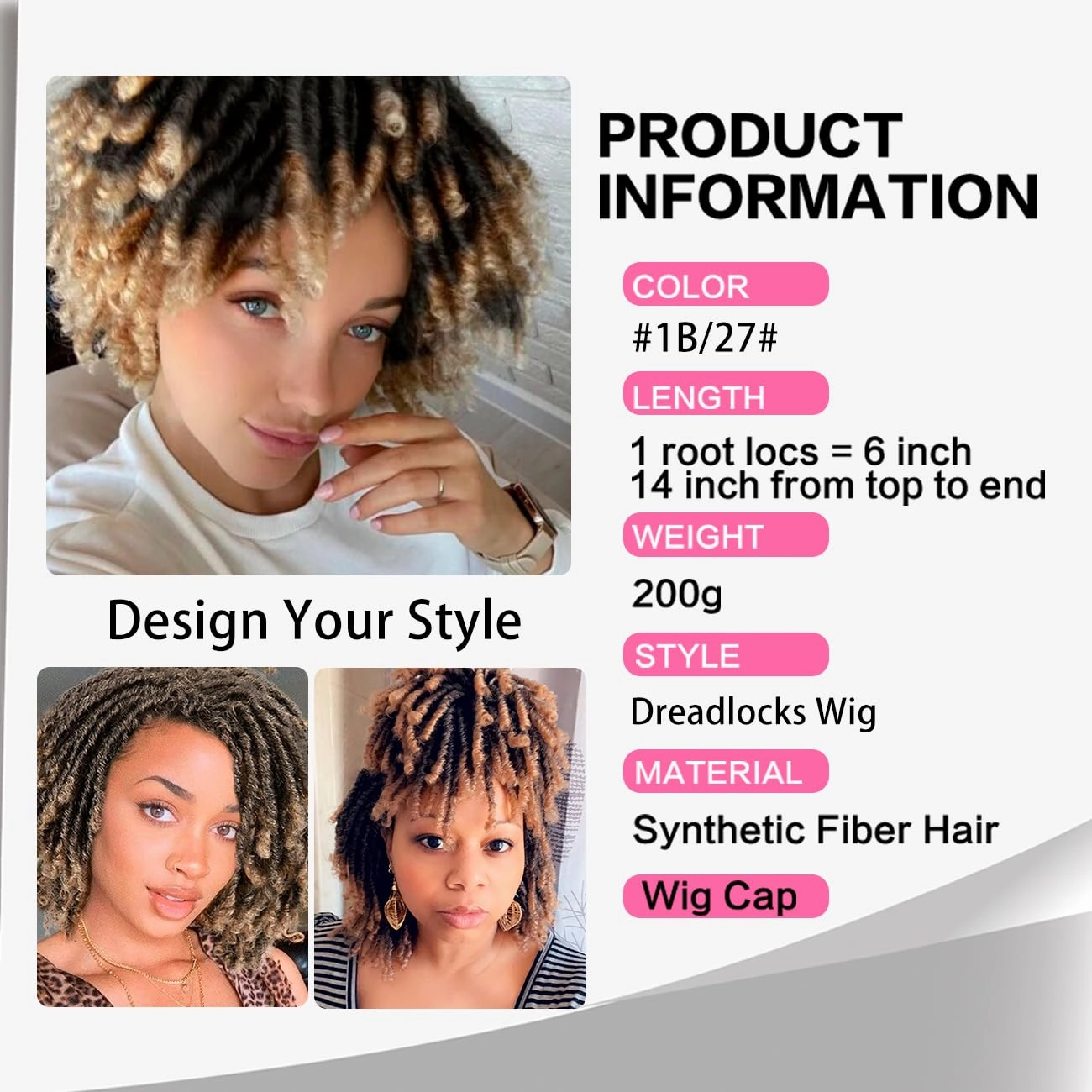 6 Inch Short Dreadlocks Braided Wigs for Black Women and Man with Clips In Synthetic Afro Twists DreadLock Full Hair Replacement Wigs (1B/27#)