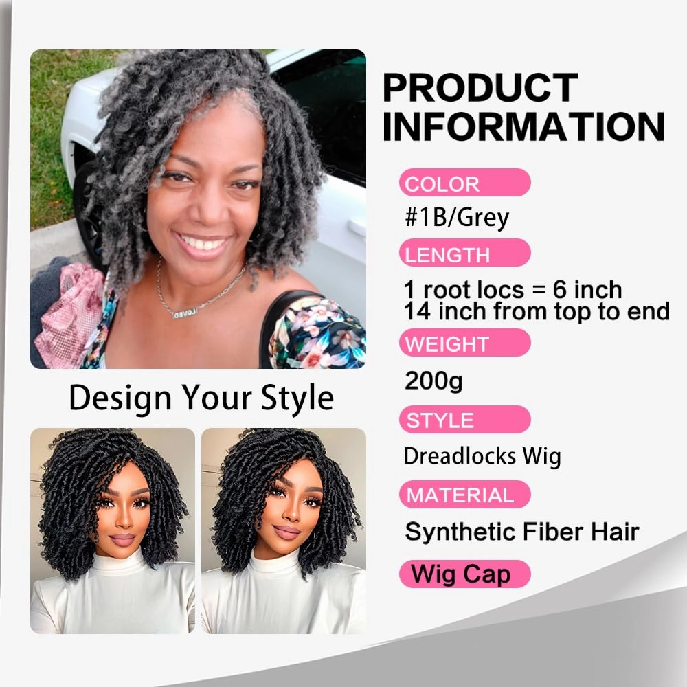 6 Inch Short Dreadlocks Wigs for Black Women and Man with Clips In, Synthetic Faux Locs Braided Wig Afro Twists Dreadlocks Full Hair Replacement Wigs (1B/Grey#)
