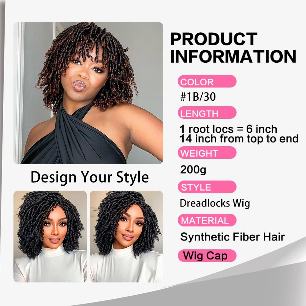 6 Inch Short Dreadlocks Wigs for Black Women and Man with Clips In, Synthetic Faux Locs Braided Wigs Afro Twists Dreadlocks Full Hair Replacement Wig (1B/30#)