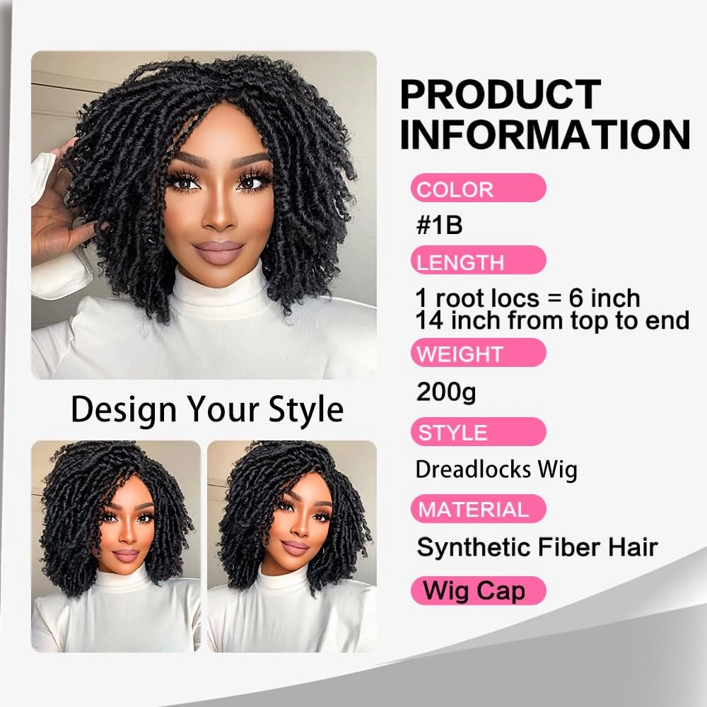 6 Inch Short Dreadlocks Wigs for Black Women and Man with Clips In, Synthetic Faux Locs Braided Wigs Afro Twists Dreadlocks Full Hair Replacement Wigs (Natural Black;1B#)