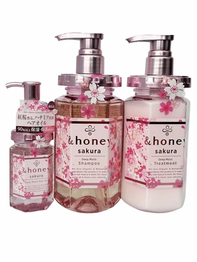 &honey Deep Moist Sakura Edition Hair Care Set, Shampoo, Treatment, Oil with Hair Tie in Sprout Talk's Package