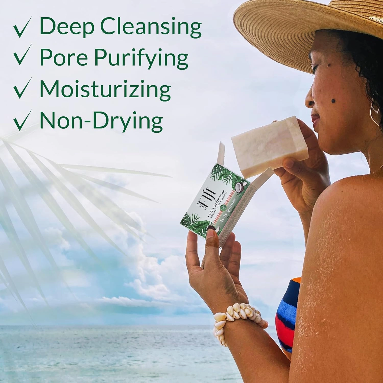 "Coco Fiji Soap Bar for Face and Body Infused With Organic Coconut Oil, Tea Tree Spearmint Essential Oil, Natural Soap for Moisturizing & Pore Purifying Skin, 7 oz, Pack Of 3 "
