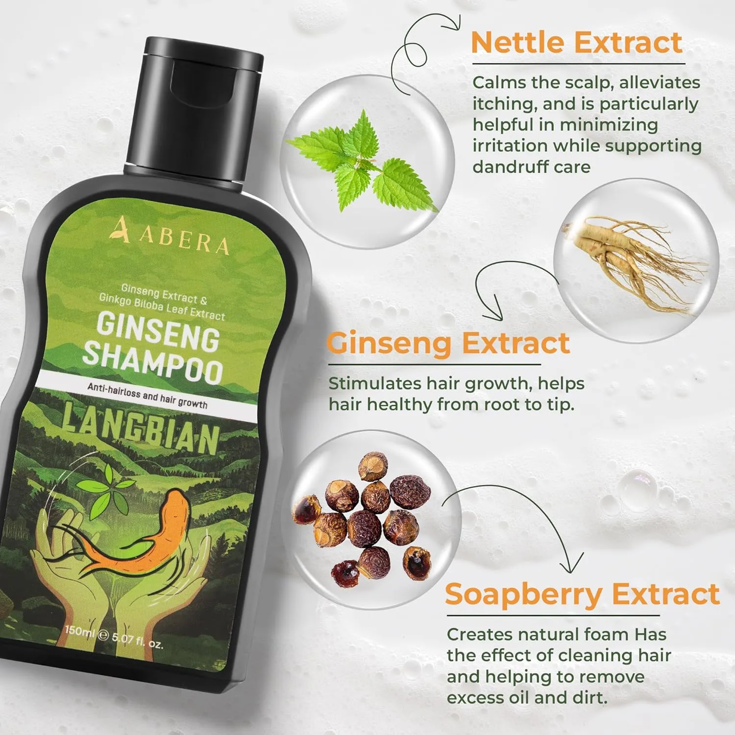 ABERA High-Performance Anti-Dandruff Shampoo – Herbal Formula with Langbian Ginseng Extract, Sulfate & Paraben Free, Deep Cleansing, Fights Itchy Scalp & Scalp Fungus – 5.07 Fl Oz
