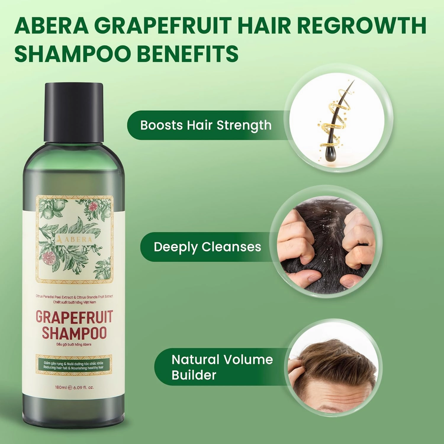 ABERA Hair Growth Shampoo With Grapefruit Essence – Anti-Hair Loss Treatment with Vitamin C, Refreshing Citrus Scent, 6.09 Fl Oz