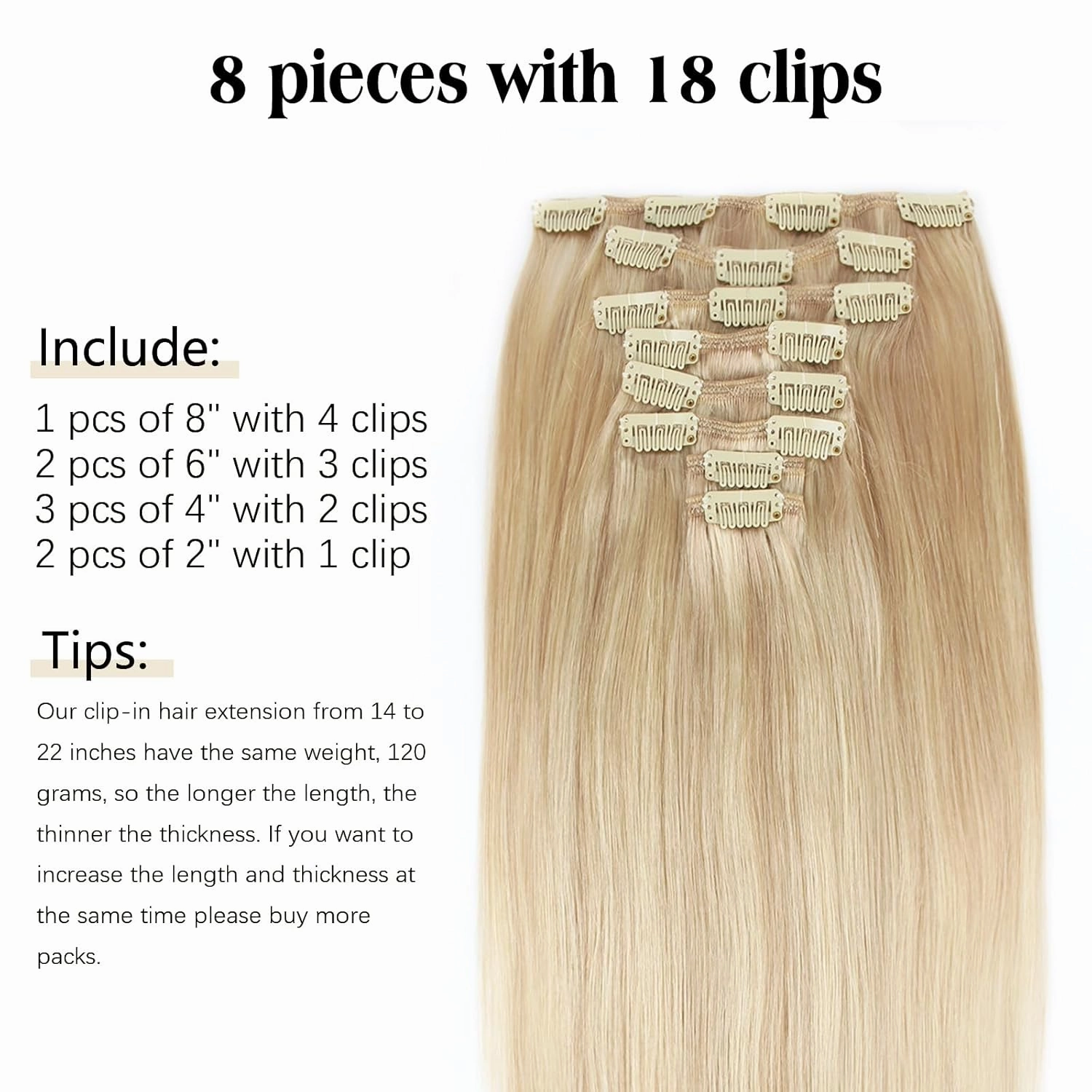 ABH AMAZINGBEAUTY HAIR 20 Inch Clip in Human Hair Extensions Natural Straight Dirty Blonde Highlighted Bleach Blonde P18-613 Clip in Remy Hair Extensions 8pcs/120g Double Weft Hair Clip ins