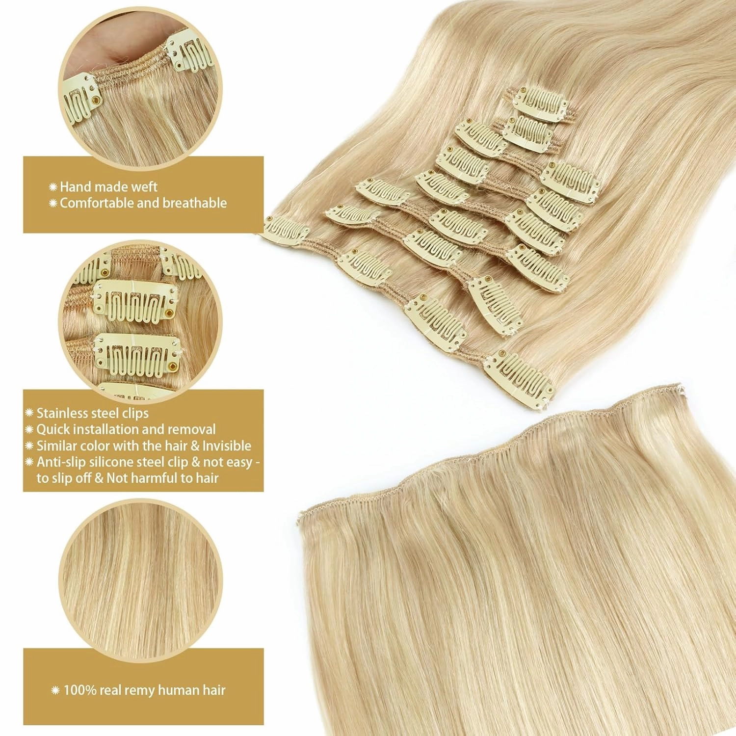 ABH AMAZINGBEAUTY HAIR 20 Inch Clip in Human Hair Extensions Natural Straight Dirty Blonde Highlighted Bleach Blonde P18-613 Clip in Remy Hair Extensions 8pcs/120g Double Weft Hair Clip ins