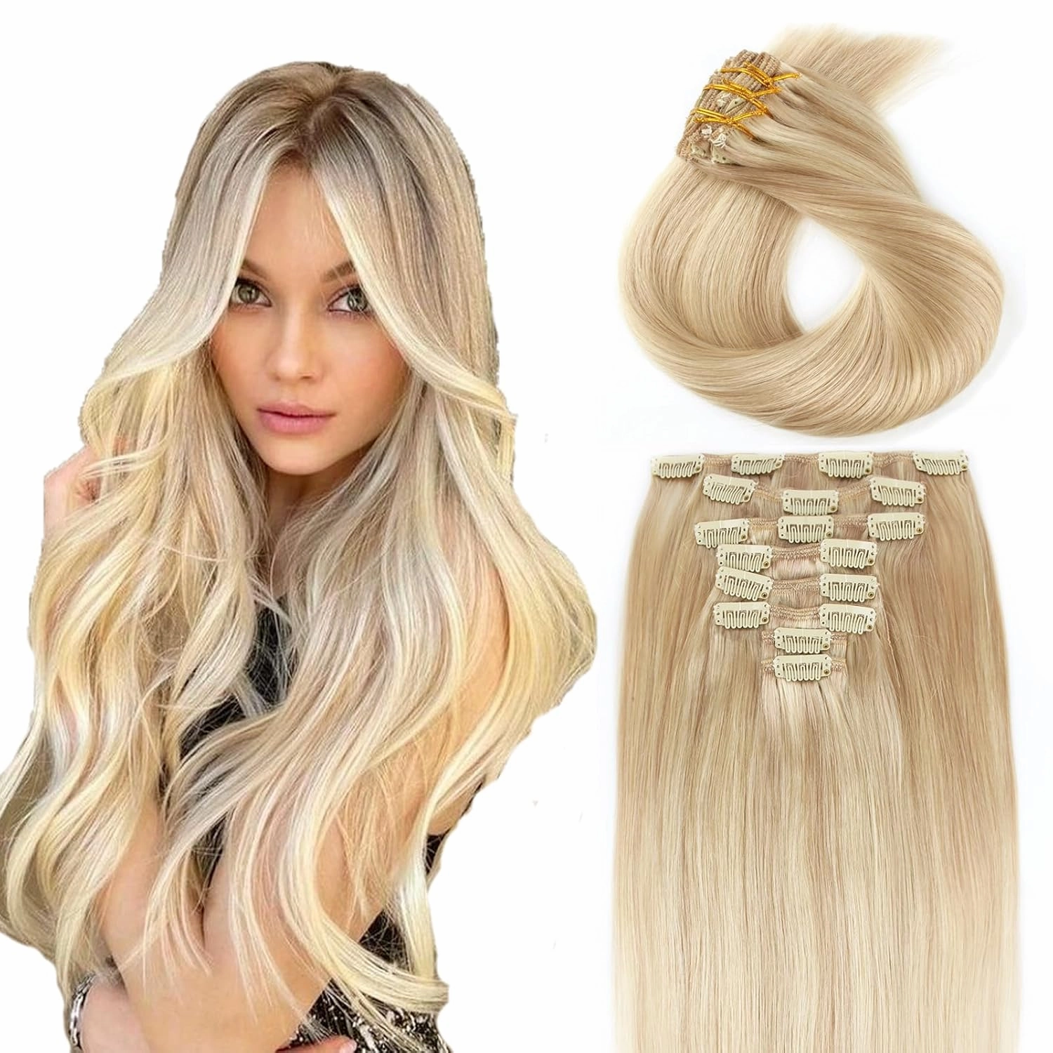 ABH AMAZINGBEAUTY HAIR 20 Inch Clip in Human Hair Extensions Natural Straight Dirty Blonde Highlighted Bleach Blonde P18-613 Clip in Remy Hair Extensions 8pcs/120g Double Weft Hair Clip ins
