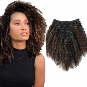 ABH AMAZINGBEAUTY HAIR Afro Kinky Curly Clip ins 4A 4B for Black Women Human Hair Highlight Chocolate Brown With Black P1B/4 Full Head Brazilian Hair 10 Inch 7Pcs 120G