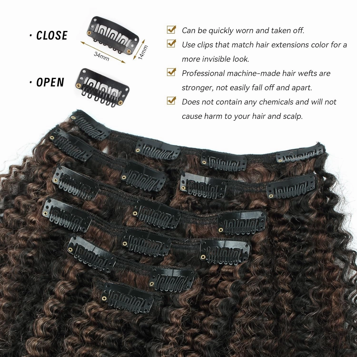 ABH AMAZINGBEAUTY HAIR Afro Kinky Curly Clip ins 4A 4B for Black Women Human Hair Highlight Chocolate Brown With Black P1B/4 Full Head Brazilian Hair 10 Inch 7Pcs 120G
